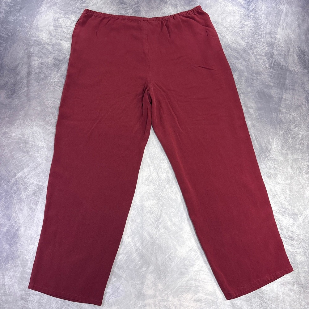 WinterSilks Pants Womens Petite Medium Burgundy 100% Silk Pull On Straight Leg - Picture 2 of 6